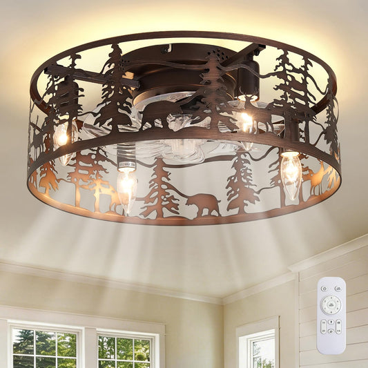 DESOOP Farmhouse Flush Mount Ceiling Fan, Bronze Ceiling Fan with Remote