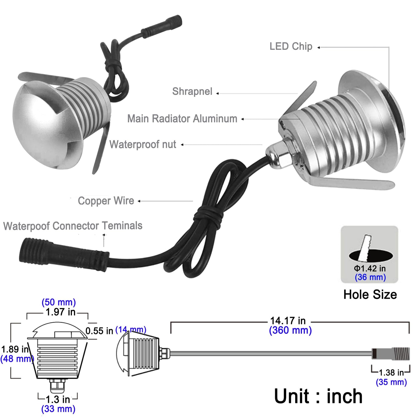 CNBRIGHTER LED In-Ground Well Light,3W,12V-24V DC,IP67 Waterproof Aluminum,Directional Horizontally Outdoor Landscape Lightings,Side View Beam,Warm