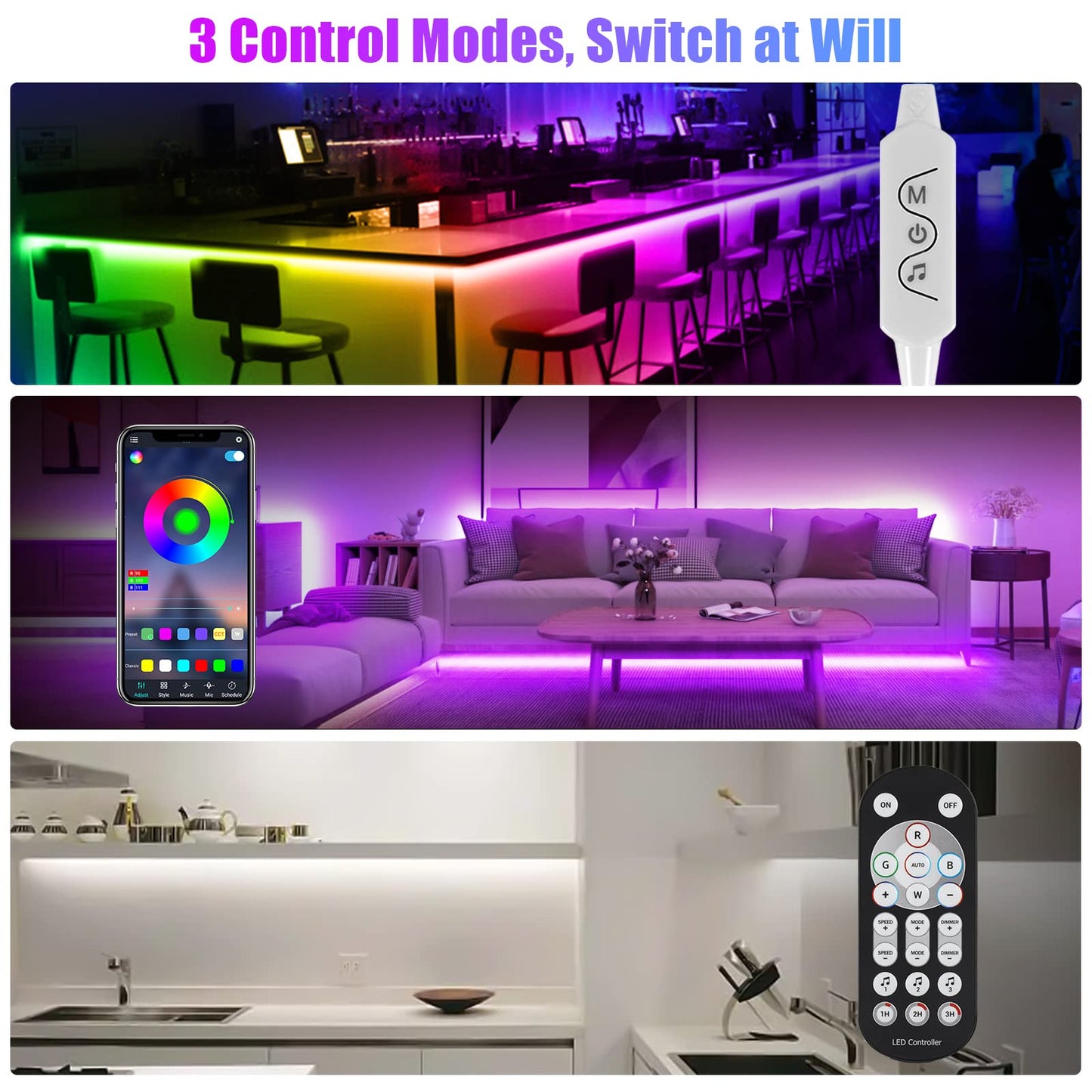 6Pcs Under Cabinet Lights Kit,Music Sync Color Changing LED Lights with RF Remote and APP,Dimmable Flexible Cabinet Lights,5V USB Under Cabinet LED
