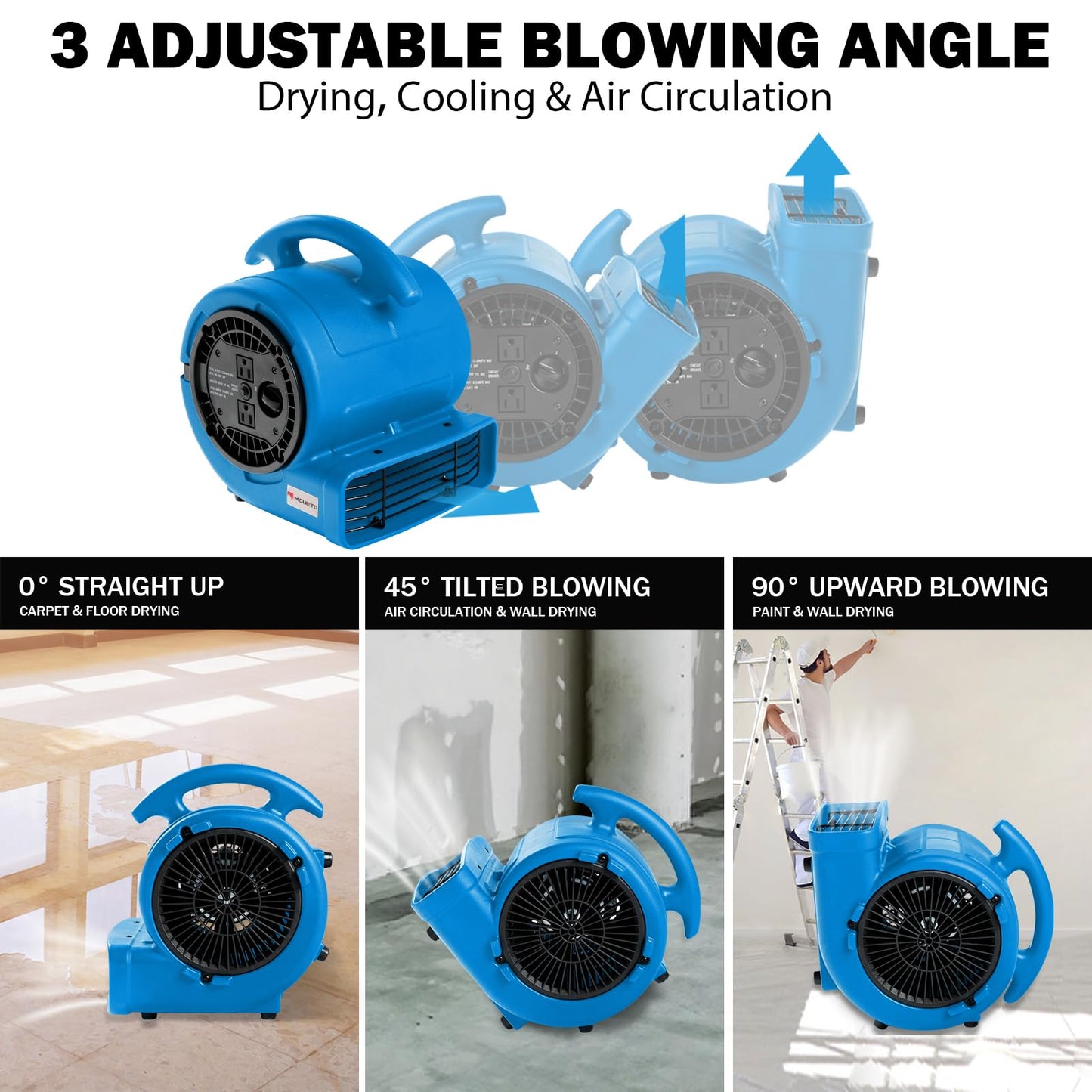 MOUNTO 1/5hp Air Mover 800cfm Blower Fan Carpet Floor Drying Fan - 3-Speed Compact Air Mover w/Dual Outlet, 10ft Power Cord for Drying, Cooling, Air