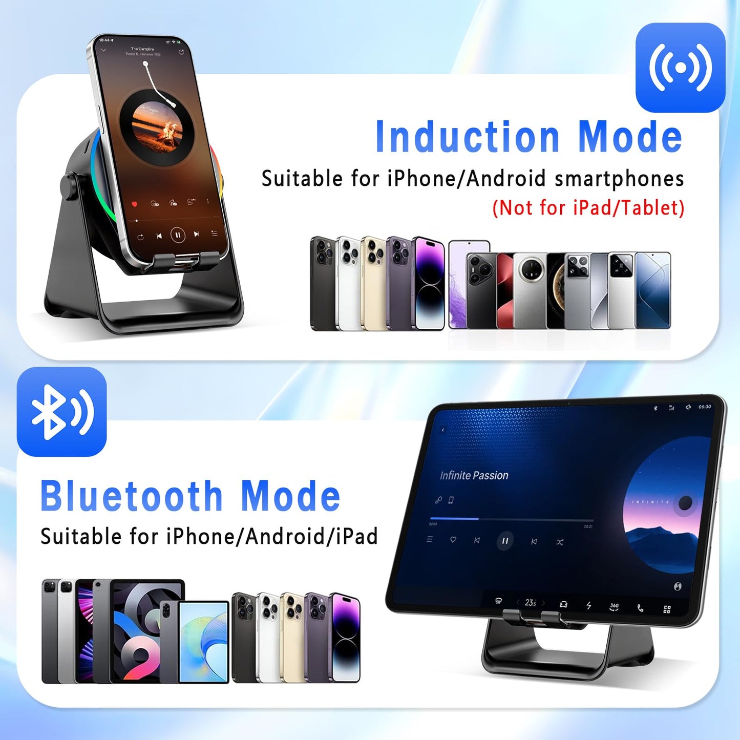 TEFELE Wireless Induction Speaker, 5-in-1 Bluetooth Speaker with Phone Holder, 360° Rotation & RGB Lights, HD Stereo Sound for iPhone/Samsung/Android