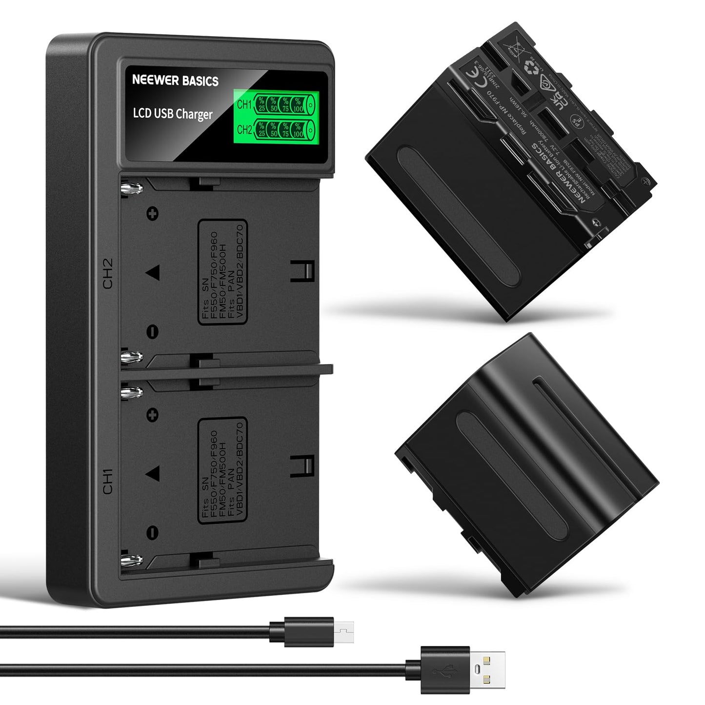 NEEWER Basics 2Pcs NP-F970 7800mAh Replacement Battery Dual USB Charger Compatible with Sony NP-F970 F960 F950 F770 F750 F570 F550 FX3 FX30 A7 Canon