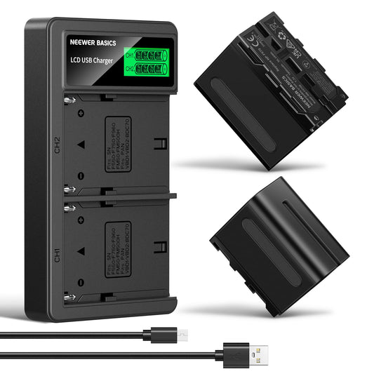 NEEWER Basics 2Pcs NP-F970 7800mAh Replacement Battery Dual USB Charger Compatible with Sony NP-F970 F960 F950 F770 F750 F570 F550 FX3 FX30 A7 Canon