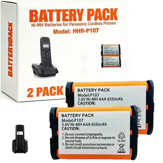 HIECTPRO HHR-P107 NI-MH Rechargeable Battery 3.6V 650mah 2Pack NiMH Cordless Telephone Batteries for Panasonic Cordless Phones
