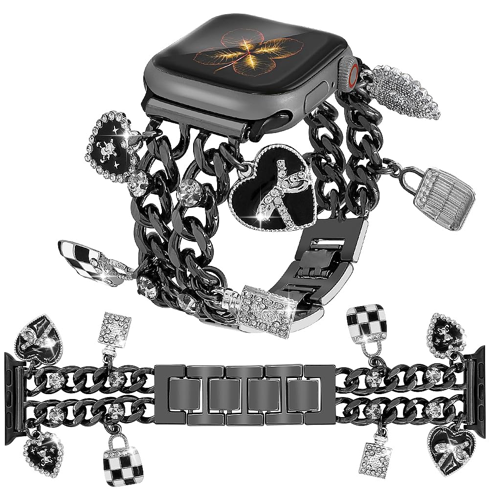 YONWORTH Cuban Chain Band Compatible with Apple Watch Bands 38/40/41mm Women,Bling Diamond Chain Dressy Metal Wristband Cute Charms Pendants