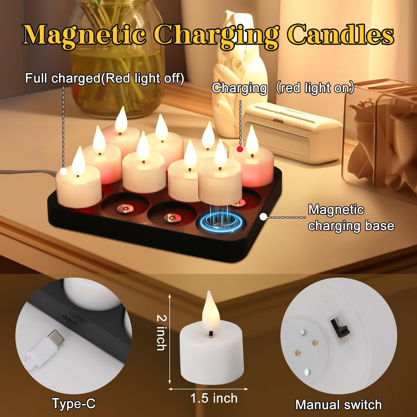 yunsheng Rechargeable Tea Lights Charging Base and Remote Timer, 12Pcs Battery Operated Tea Light, LED Flameless Votive Candles for Home Wedding Party