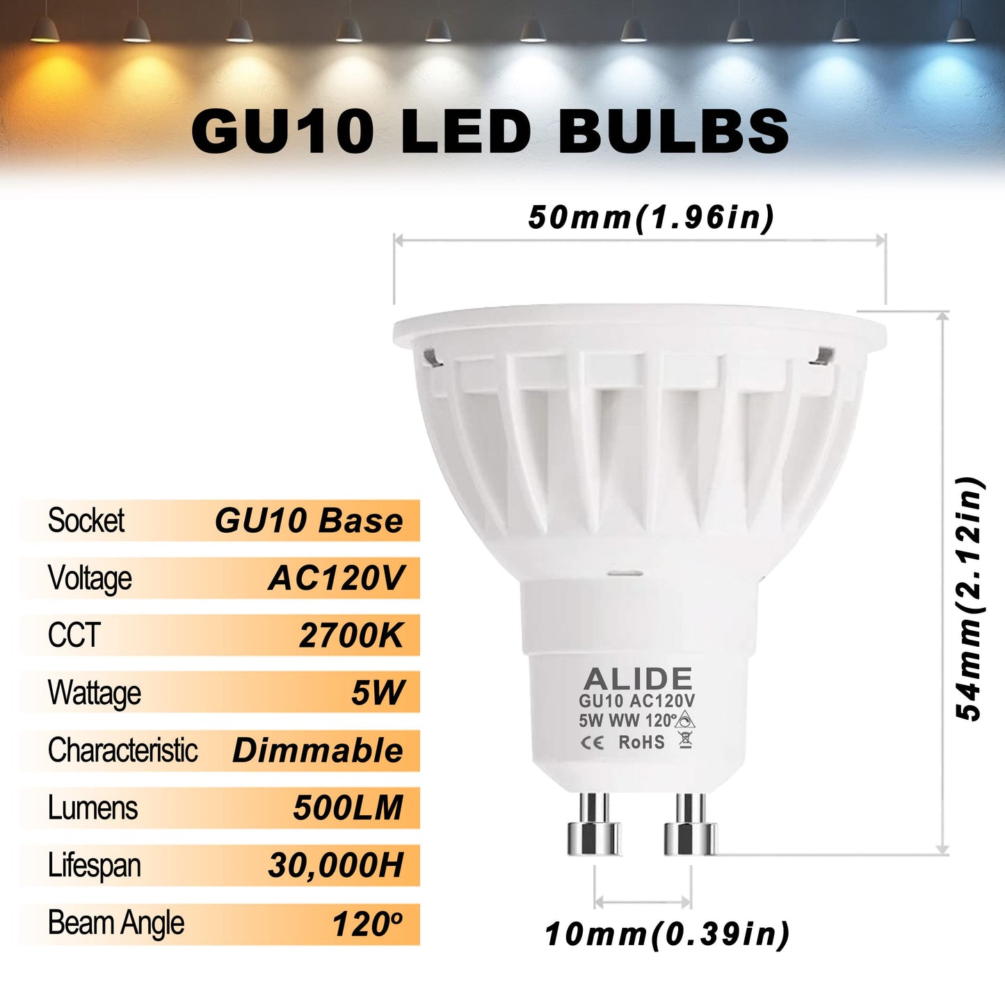 ALIDE GU10 Led Bulbs Dimmable 2 Prong Replace 50W Halogen 120V for Track