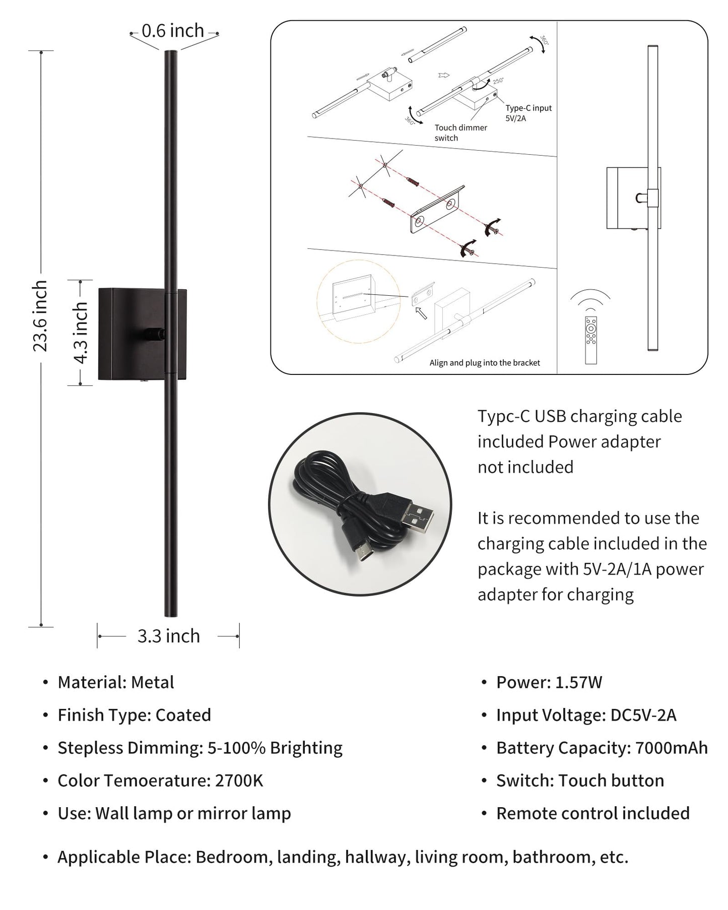 KDG Cordless Wall Sconces Set of 2, Wireless 5200mAh Rechargeable Battery Operated LED Wall Lamps with Remote, 360° Rotate Lightings for Wall