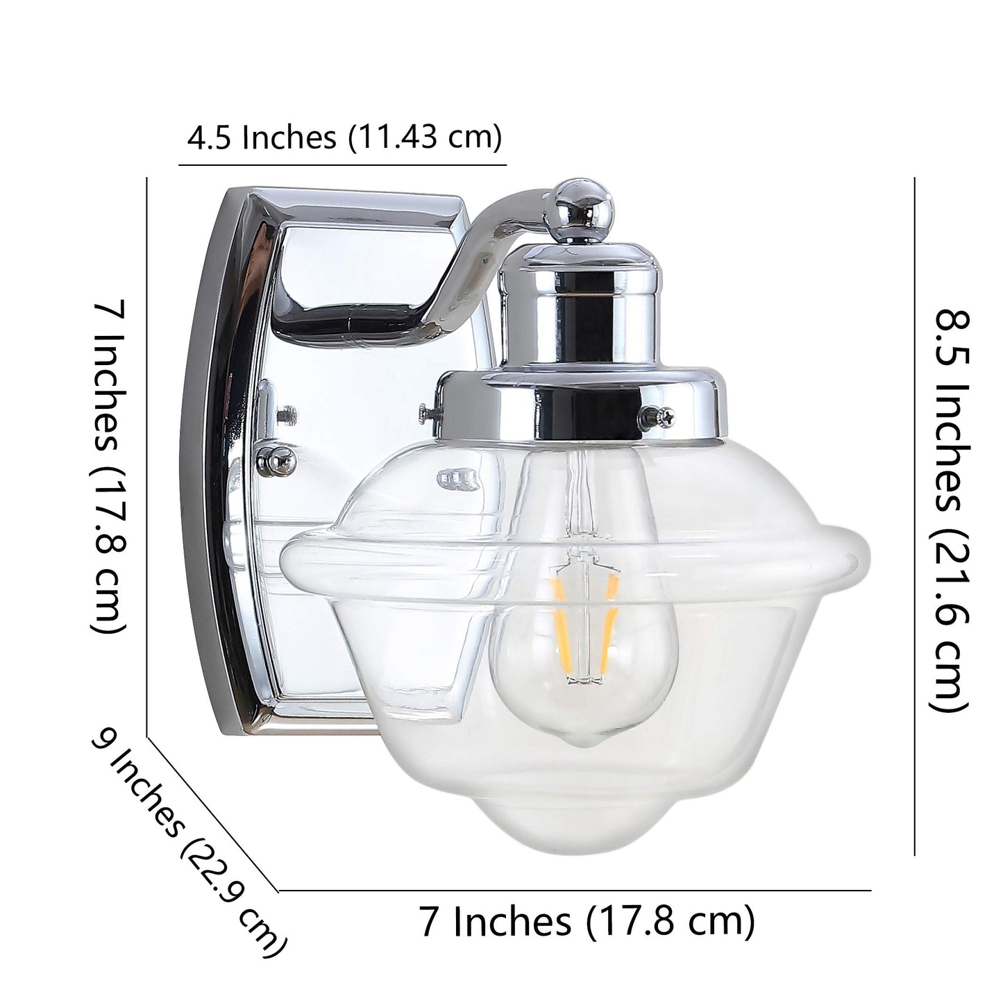 JONATHAN Y 7" Chrome 1-Light Schoolhouse LED Vanity Light, Mid-Century Wall Sconce for Bathroom Kitchen Hallway, Clear Glass Shade, 2700K LED Bulb