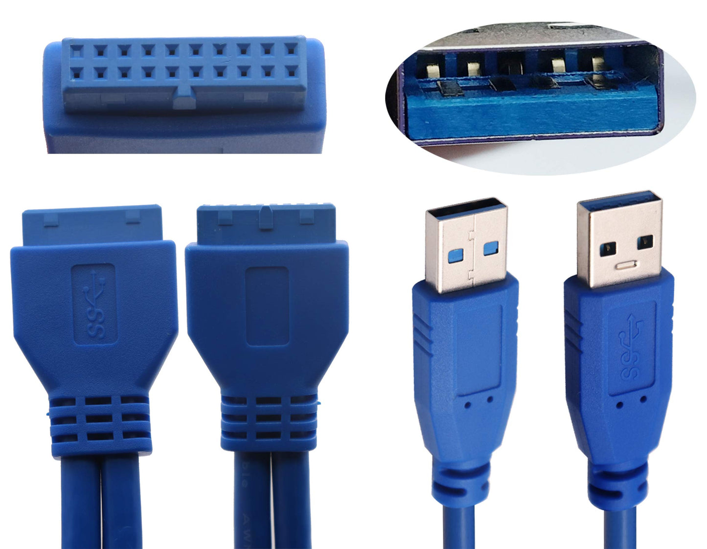 AAOTOKK 2 Port USB 3.0 Splitter Adapter Cable Dual Port USB 3.0 A Male to 20 Pin Motherboard Header Extension Cable for USB Ports Directly to Computer