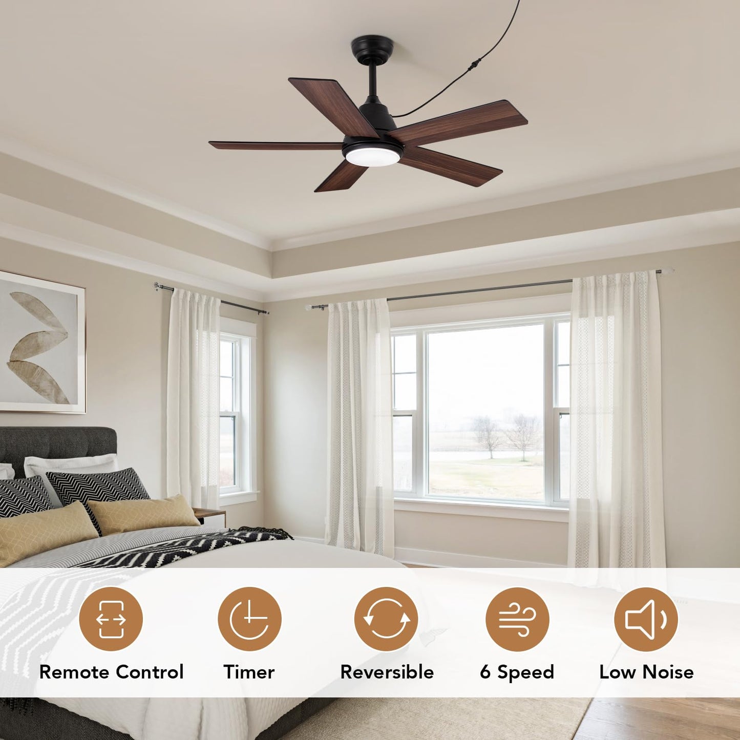 SPACORA 42 Inch Ceiling Fan with Light, Black Ceiling Fans with Lights and Remote/APP, 3CCT, Noiseless DC Motor, Waterproof Plug in Ceiling Fan