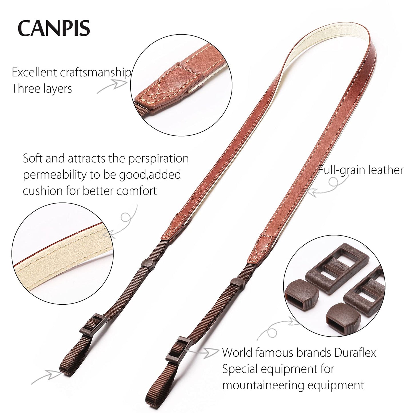 CANPIS CP008 Camera Shoulder Neck Strap compatible with Canon Nikon Leica Fuji Sony Olympus etc. Brown Color, Adjustable Length, Slim with Flocking