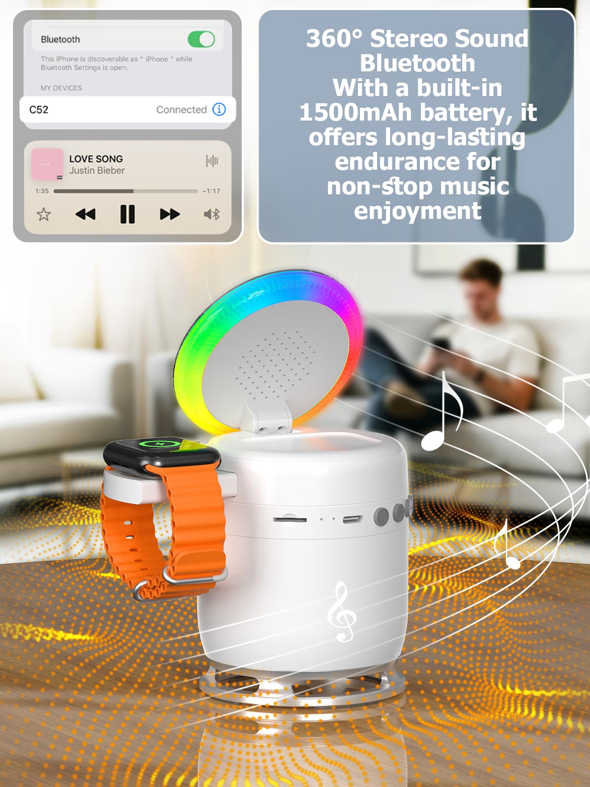 5-in-1 Wireless Charging Station with Speaker & Magnetic Charger for iPhone 16/15/14/13/12 Pro Max, Apple Watch, & AirPods - 30W Adapter, 360° Sound