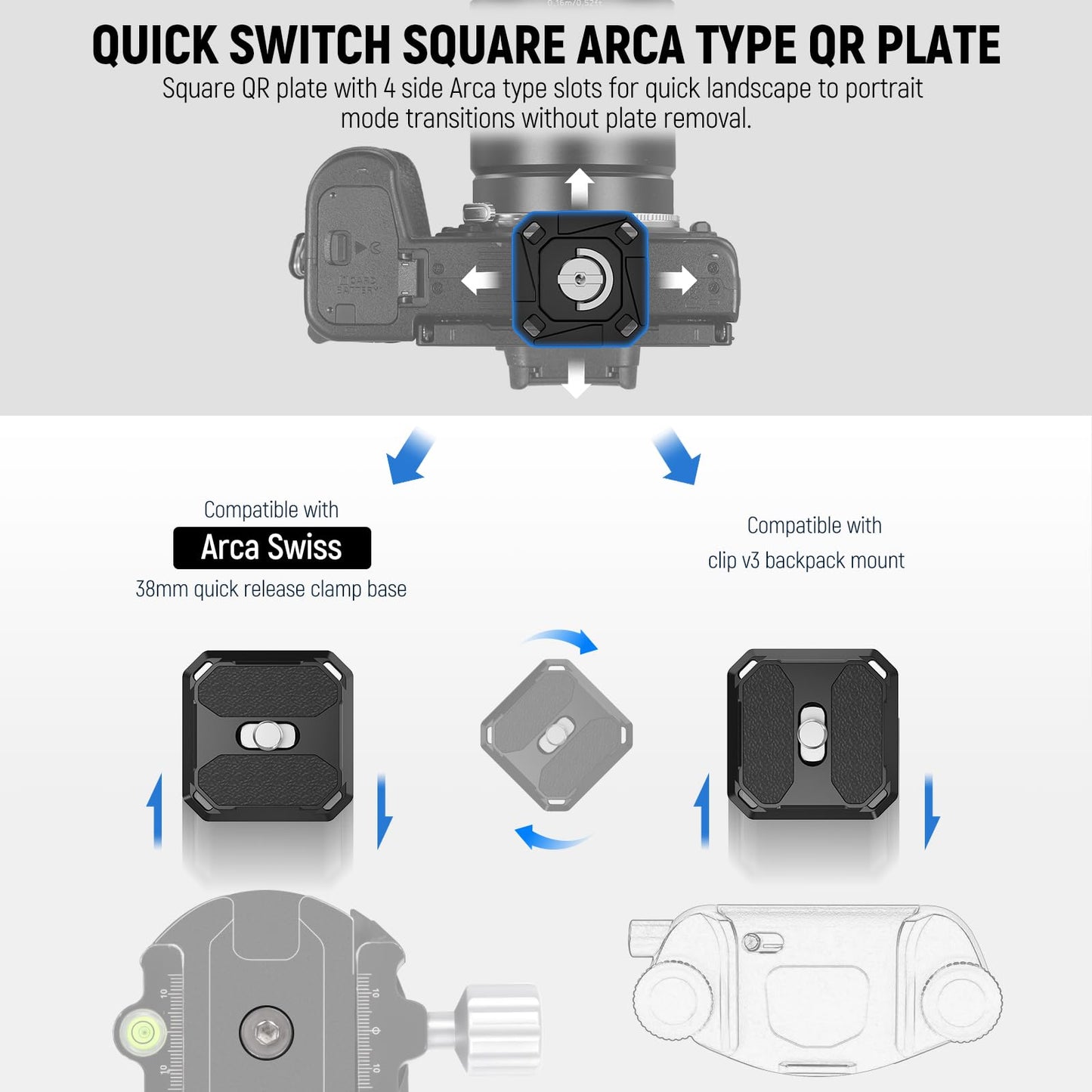 NEEWER Quick Release Plate 38mm Square Arca Type QR Camera Mount Plate for Camera Strap Clip, Tripod Head to Shoulder Strap Quick Switch with 4 Safety