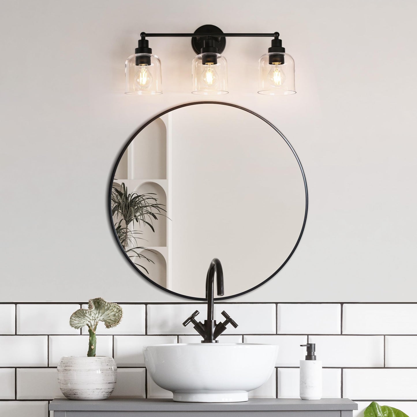 GEPOW Bathroom Wall Light Fixtures, 3-Light Black Vanity Light with Clear Glass Shade, Modern Farmhouse Wall Lamp Over Mirror for Hallway, Kitchen