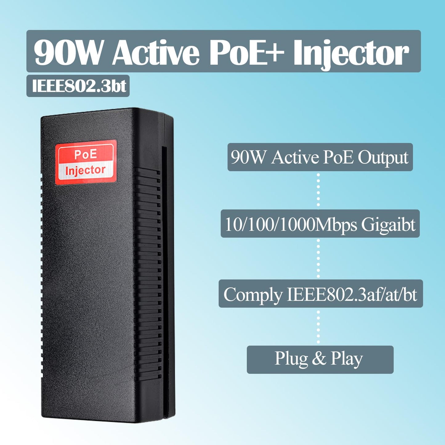Revotech Gigabit 90W PoE++ Injector 54-56V Adapter, 10/100/1000Base-T IEEE 802.3bt PoE Standard Active POE+, Plug and Play for Wireless Access