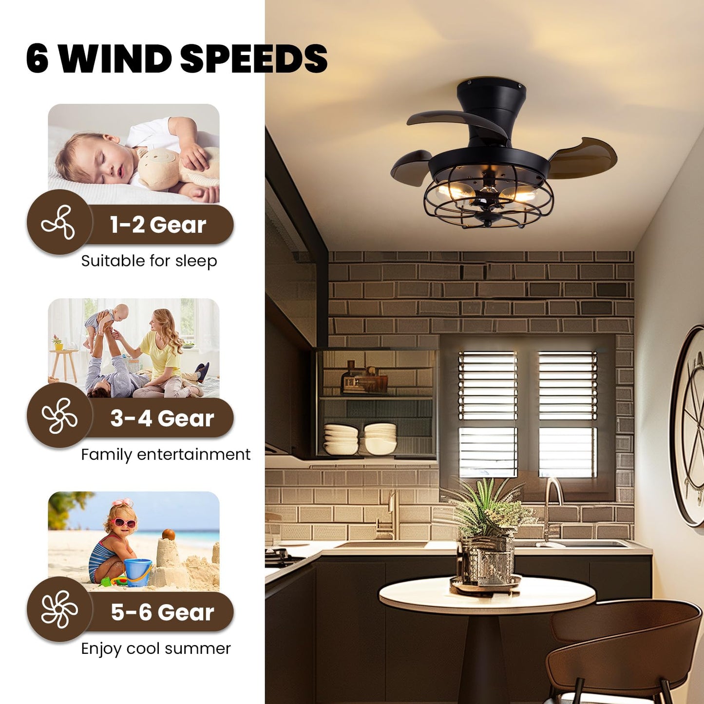 CROSSIO 22" Retractable Ceiling Fans with Lights, Black Caged Fandelier Ceiling Fans with Remote, 6 Wind Speeds,Invisible Blades, Industrial Flush