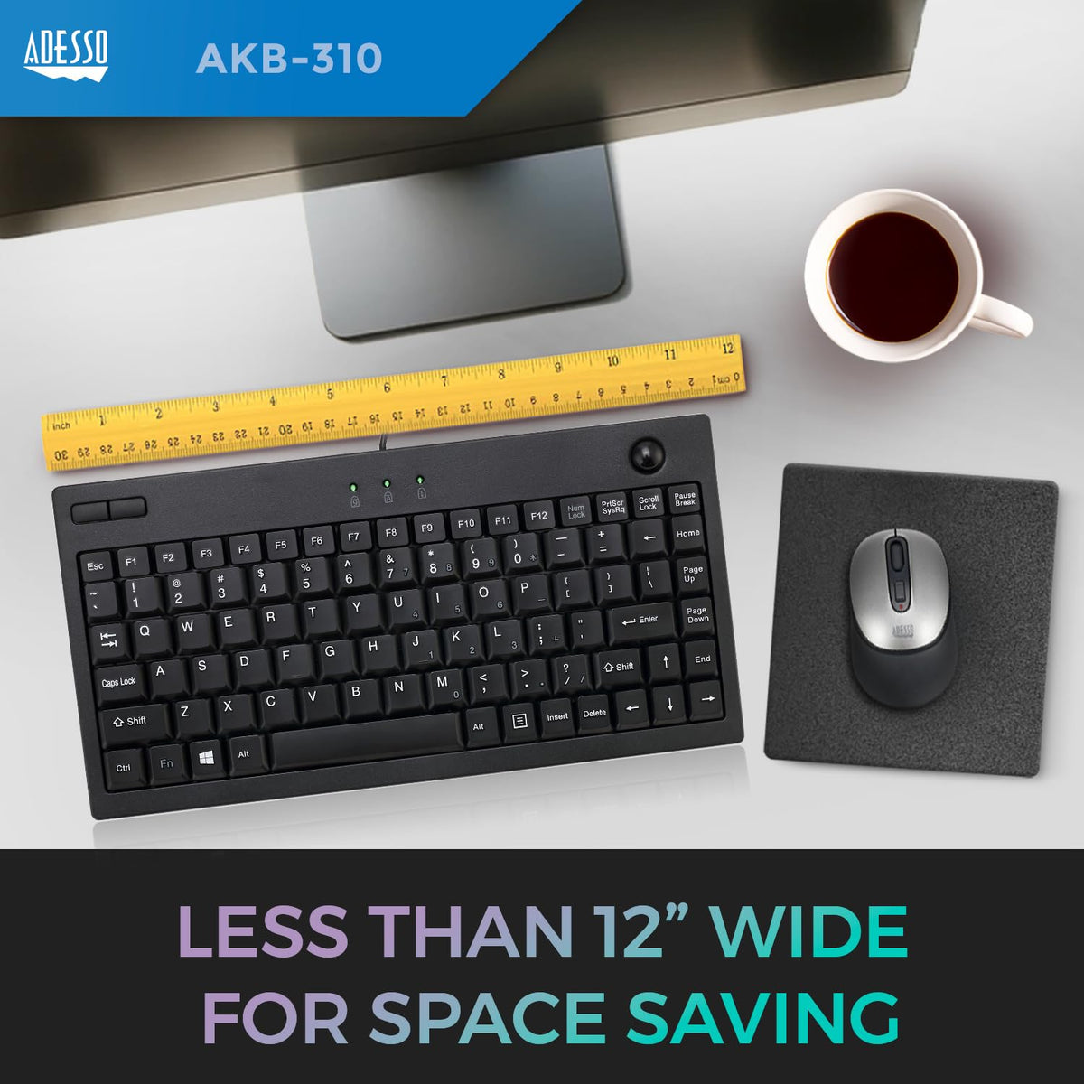 Adesso AKB-310UB Wired USB Mini Trackball Keyboard, Black