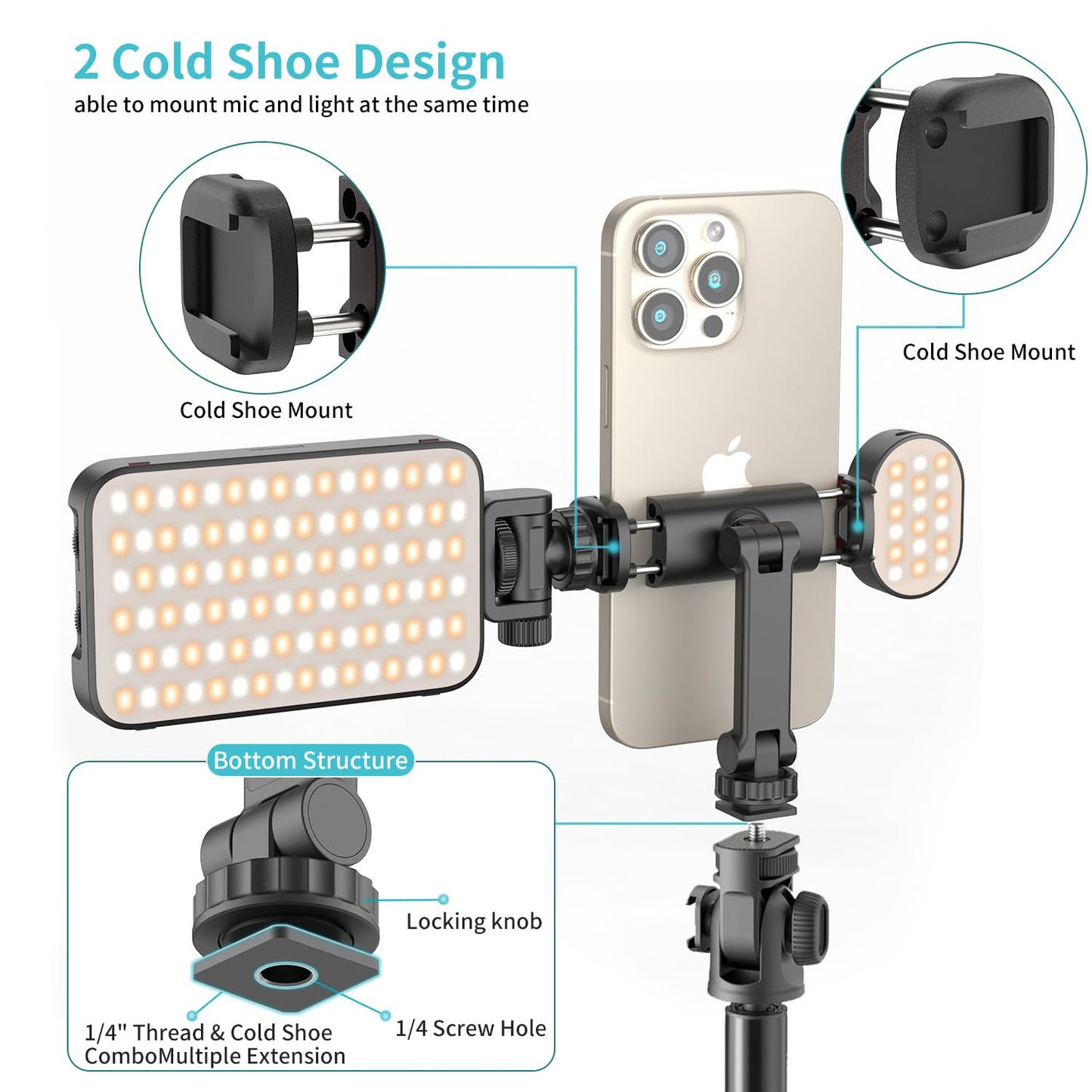 Phone Tripod Mount Holder for iPhone - 2 Cold Shoe and 1/4" Screw, 360° Rotates and 180° Tilts Compatible for iPhone Android Sony Canon DJI Ronin S/SC