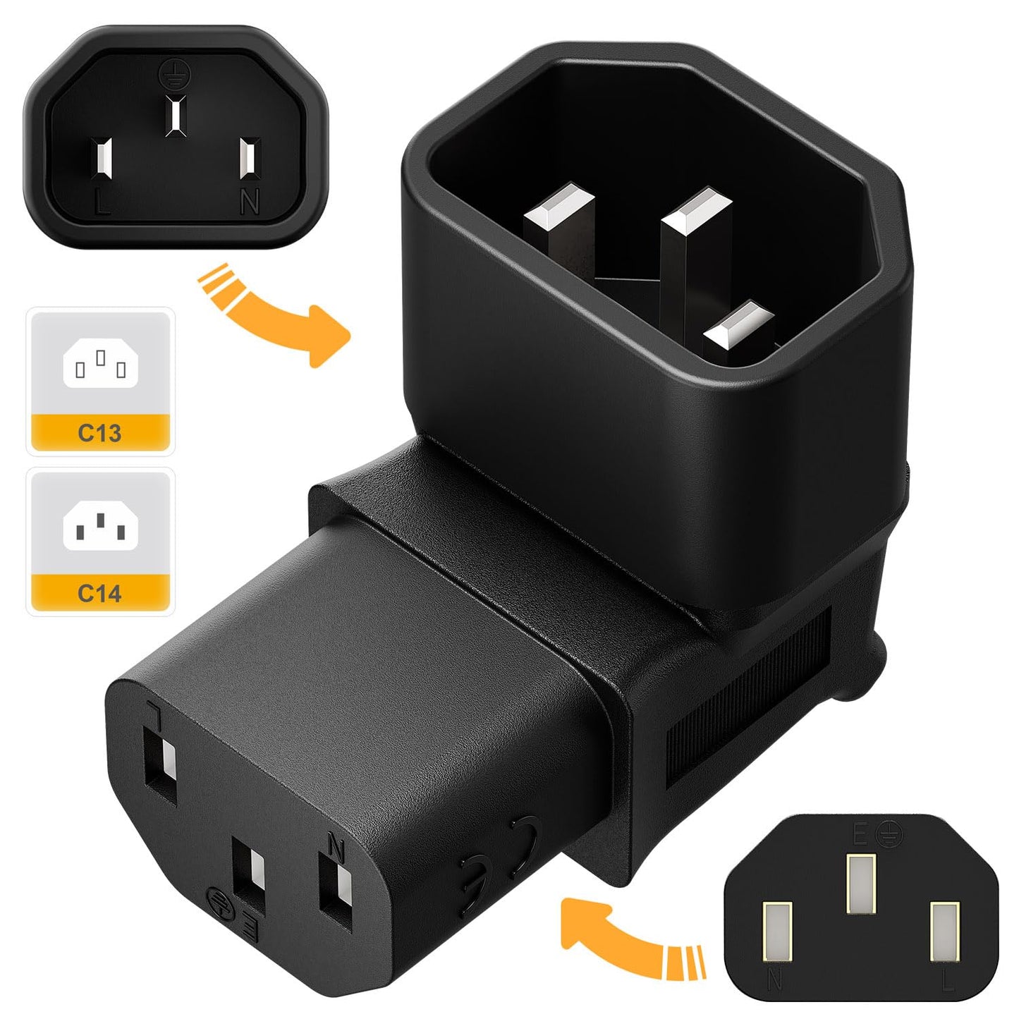 Vellcon [2Pack] Right Angle c14 to c3, C14 to C13 Power Adapter PDU Plug, Right Angle iec Male Female Adapter, iec c14 to Right Angle c13