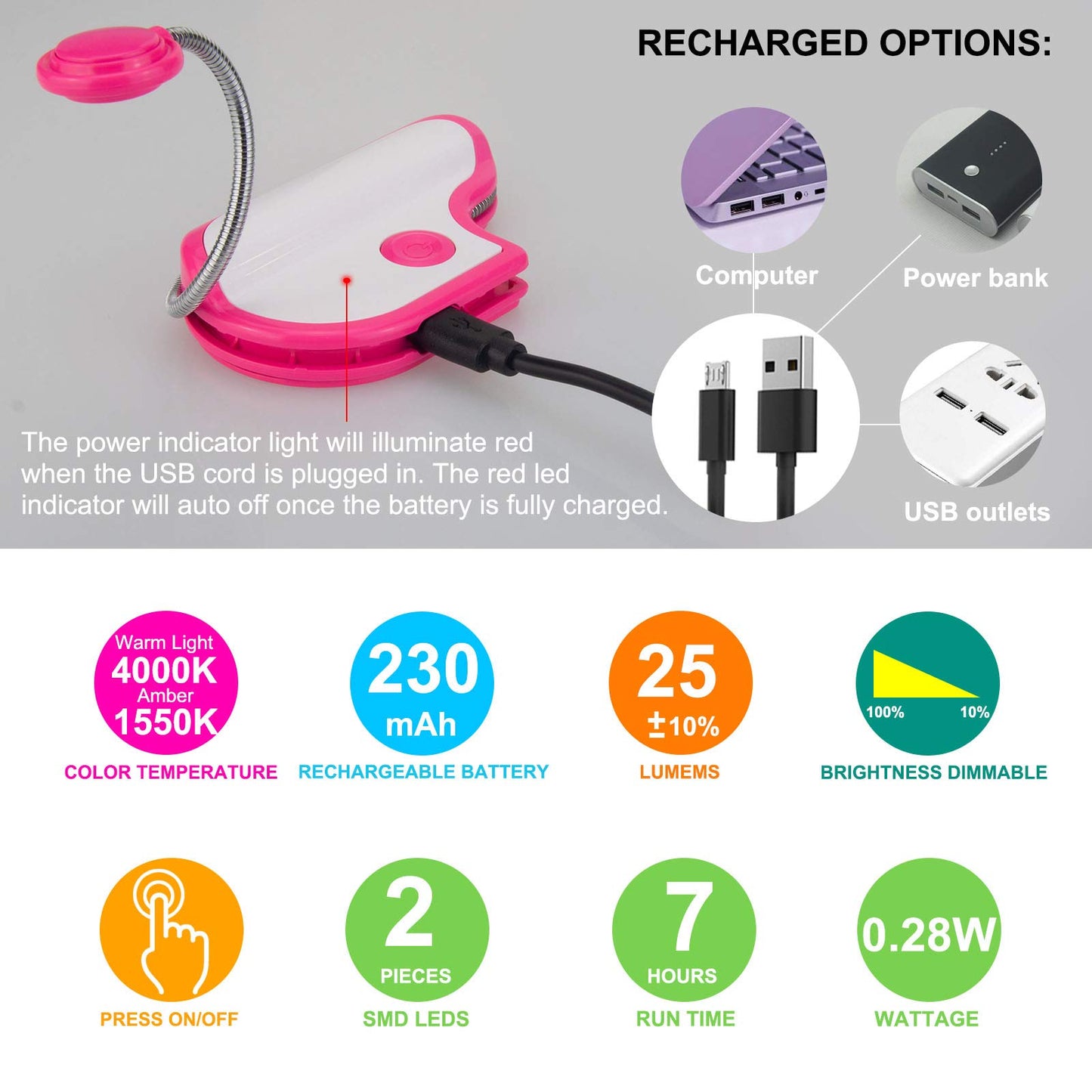 BIGMONAT Rechargeable Reading Light for Kids,Small Amber Book Reading Lights,Multi Colors Portable LED Reading Lamp with 365° Rotary Light