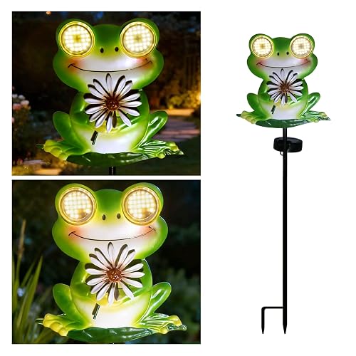 esgarden Solar Frog Garden Stake Light with Dynamic Moving LED Eyes, Outdoor Metal Figurine Sculpture Statue, Cute Animal Yard Art Decor, Warm White