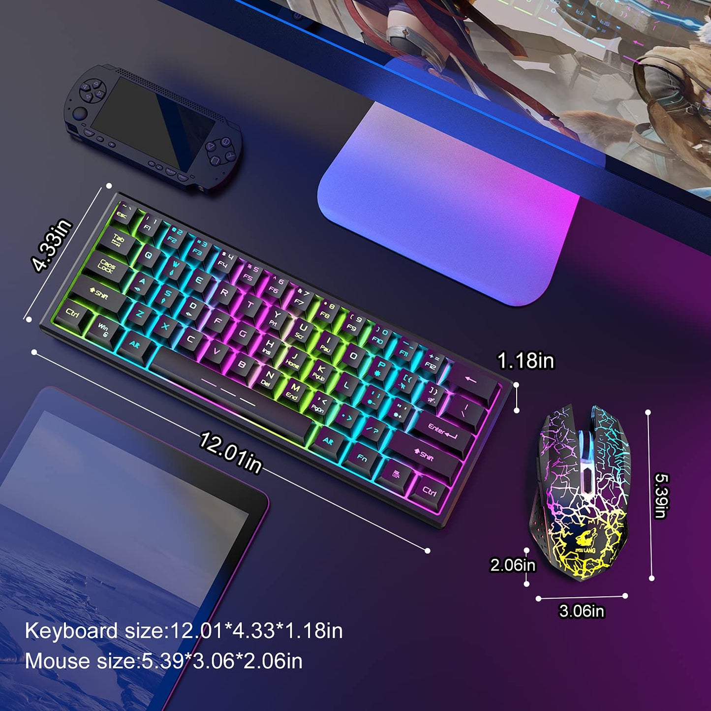 60% Mechanical Gaming Keyboard Mini 68 Keys Anti-Ghosting Wired Type C Chroma RGB 18 Backlit Effects,Lightweight Gaming Mosue 6400DPI Honeycomb