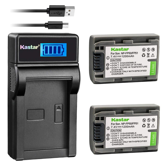 Kastar Battery (X2) & LCD Slim USB Charger Replacement for Sony NP-FP51 NP-FP50 and DCR-30 DVD203 DVD305 DVD92 HC20 HC21 HC26 HC30 HC32 HC36 HC40 HC42