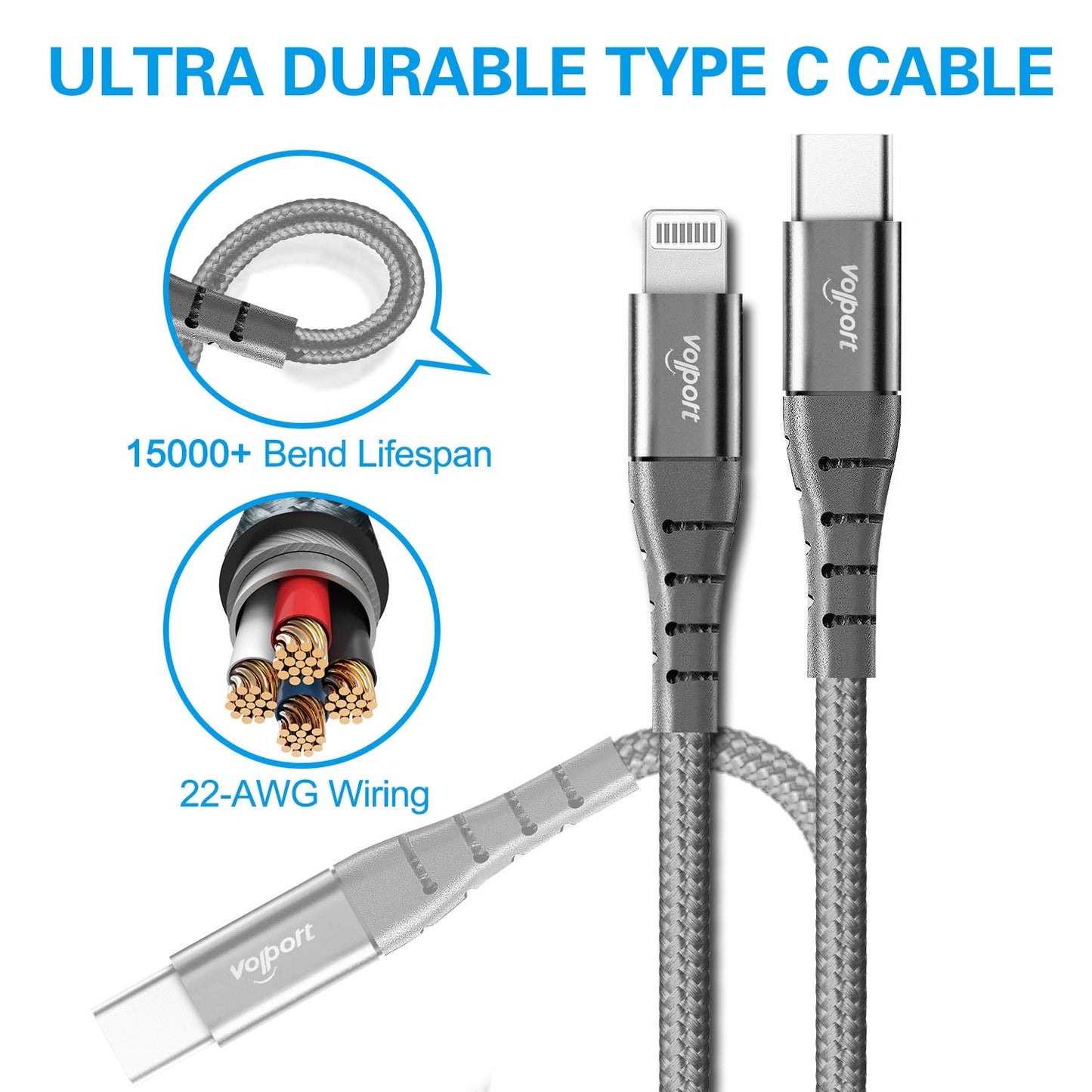 volport USB C to Lightning Cable 3ft [MFi Certified] Grey Silver, 1m Braided Fast Charging Data Transfer Cable for Apple iPhone 14 13 12 11 Pro Max X…