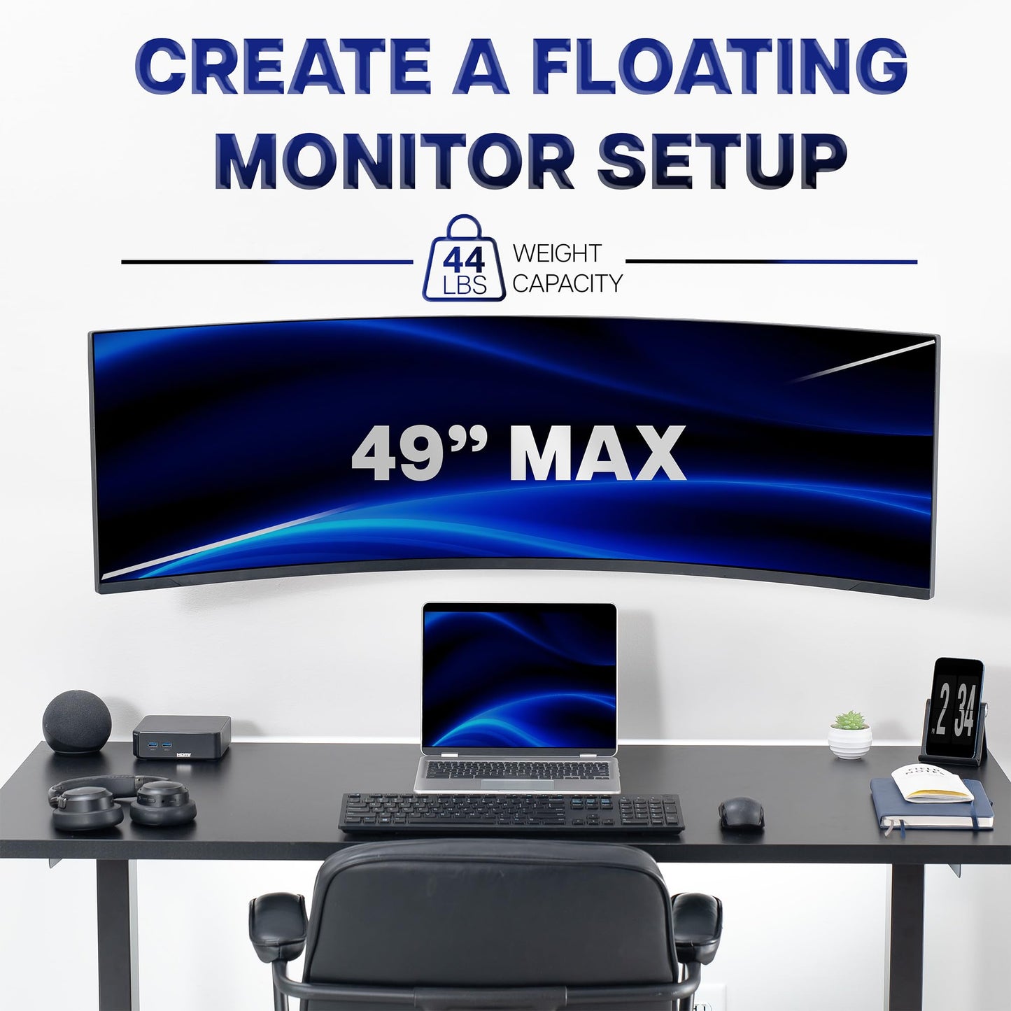 VIVO Low Profile Heavy Duty Ultrawide Monitor Wall Mount for up to 49 inch Screens, Holds 44 lbs, Max VESA 100x100, Black, Mount-VWLP1