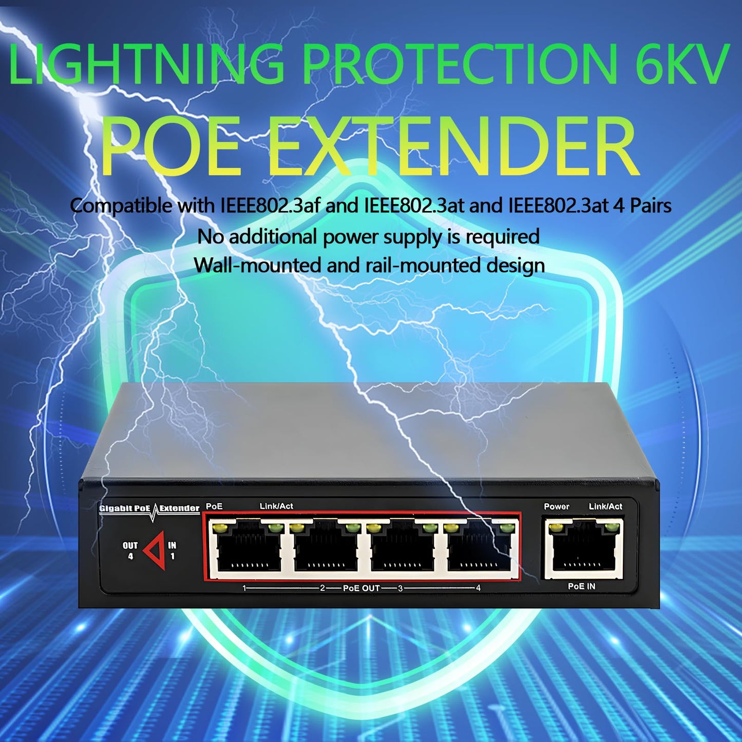 PoE Extender Switch with Gigabit Speeds, 48V 60W PoE++ (802.3bt) Input & 4 PoE Outputs, IEEE 802.3af/at/bt, 6KV Surge Protection, No External Power