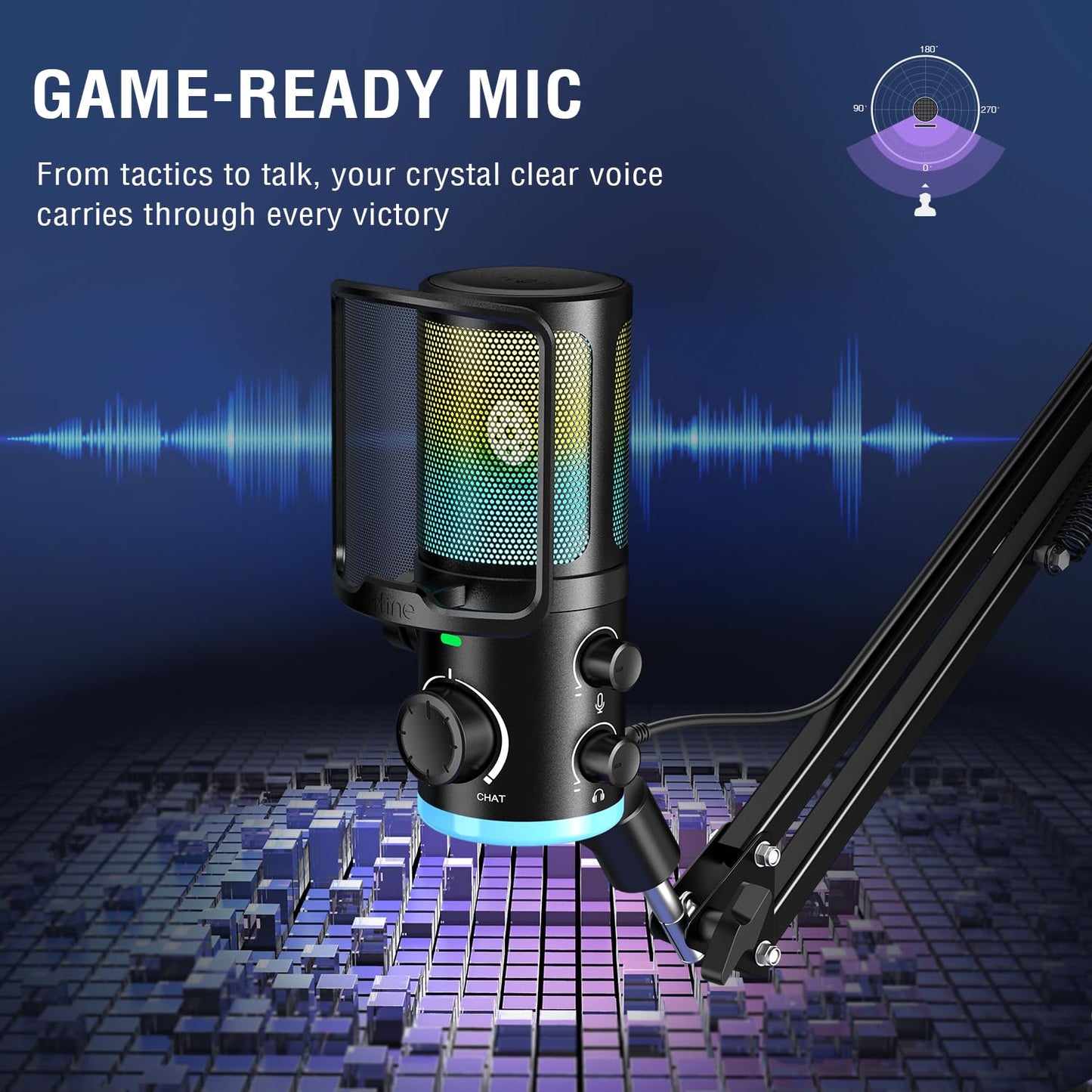 FIFINE USB Streaming Microphone Kit for Gaming, Condenser Mic with RGB, Noise Cancellation, Game/Chat Dial-Plug & Play for PC Twitch/YouTube/Podcast