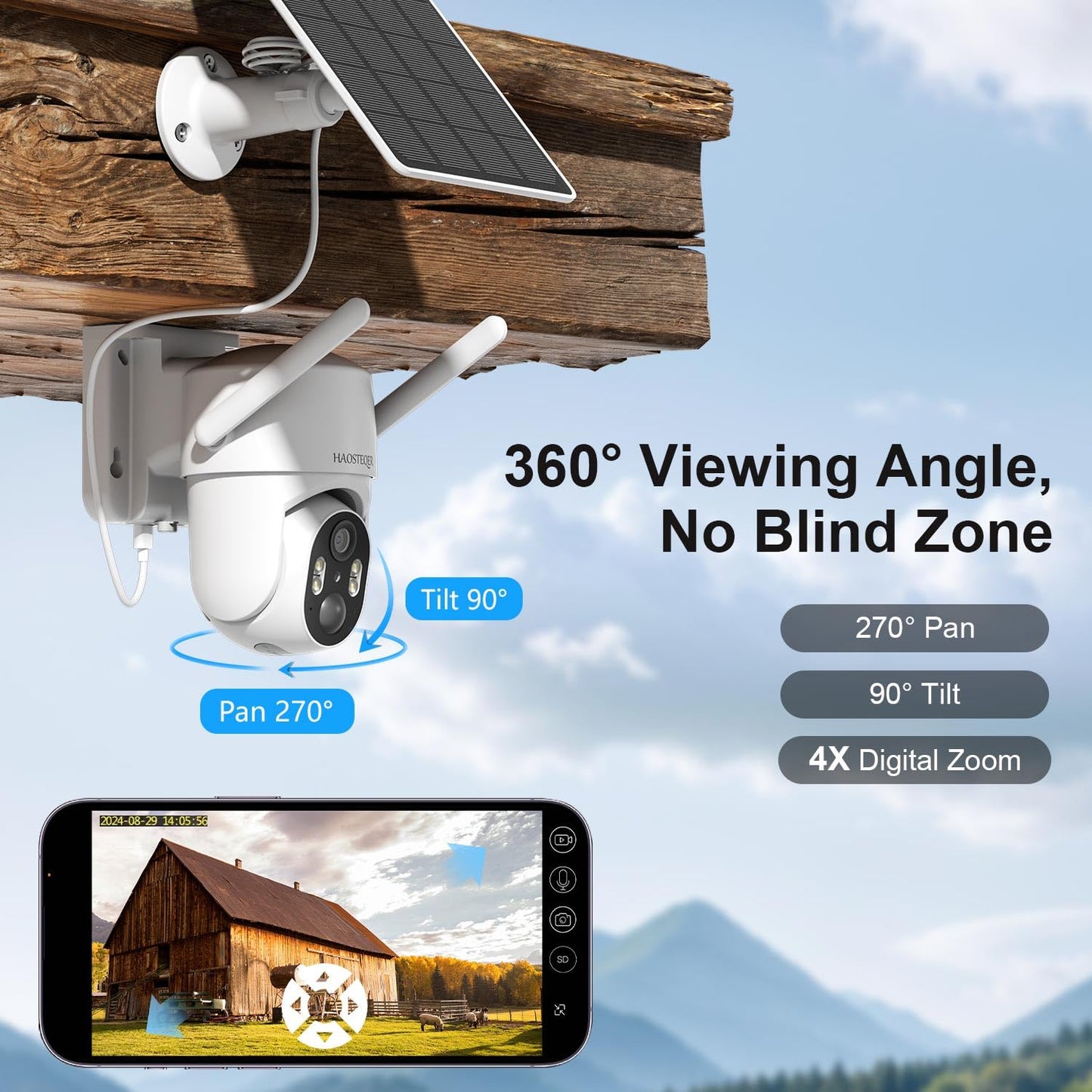 4G LTE Cellular Security Camera Outdoor, No WiFi Security Camera Solar Powered, 360° View Outdoor Security Cameras Wireless, 2K Color Night Vision