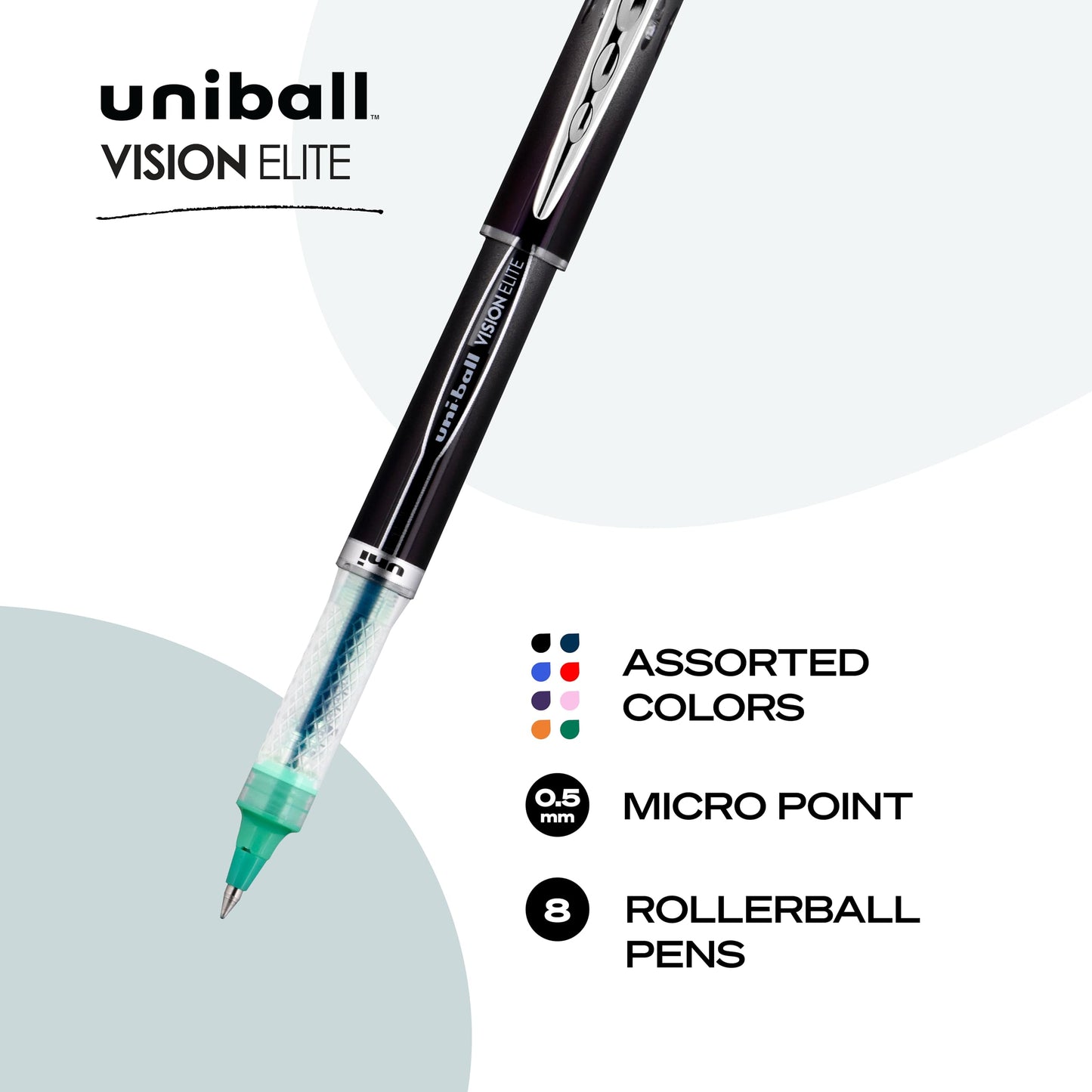 uniball Vision Elite Rollerball Pens, Micro Point (0.5mm), Assorted Colors, 8 Pack