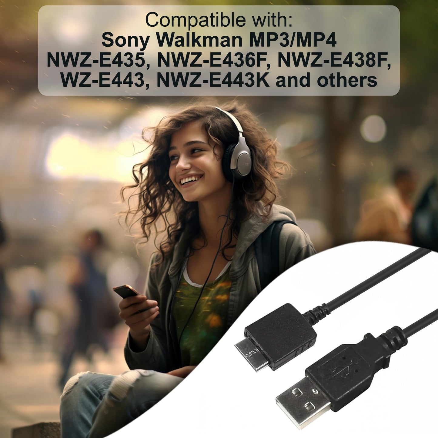 HQRP USB Cable/Cord Compatible with Sony NWZ-E435, NWZ-E436F, NWZ-E438F, NWZ-E443, NWZ-E443K Walkman MP3 / MP4