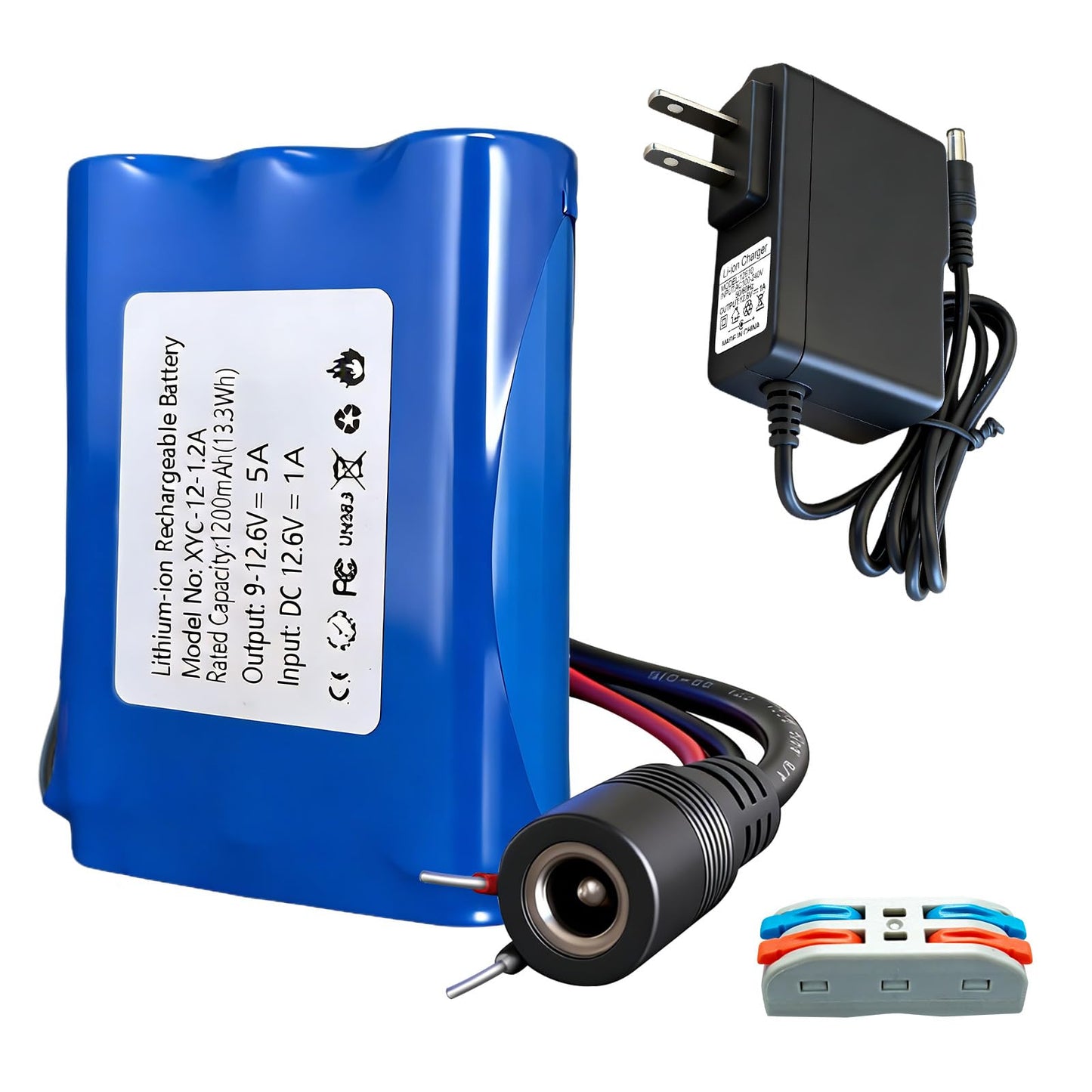 12V 1200mAh Rechargeable Li-ion Battery with Charger, Bare Leads Wire Battery Pack Perfect for DIY Project, Speakers, RC Car, Robot Toys, LED Light