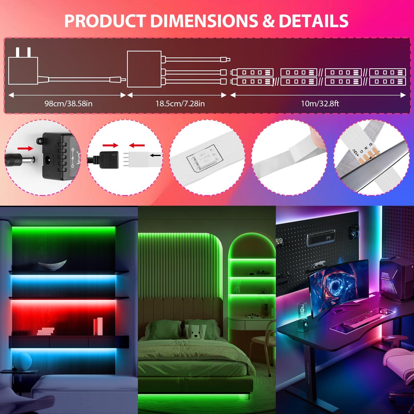 LED Strip Lights 65.6Ft(2 Rolls of 32.8ft), Dimmable 5050 RGB Color Changing Lights Strip with 40 Key IR Remote Controllers, Self-Adhesive Flexible