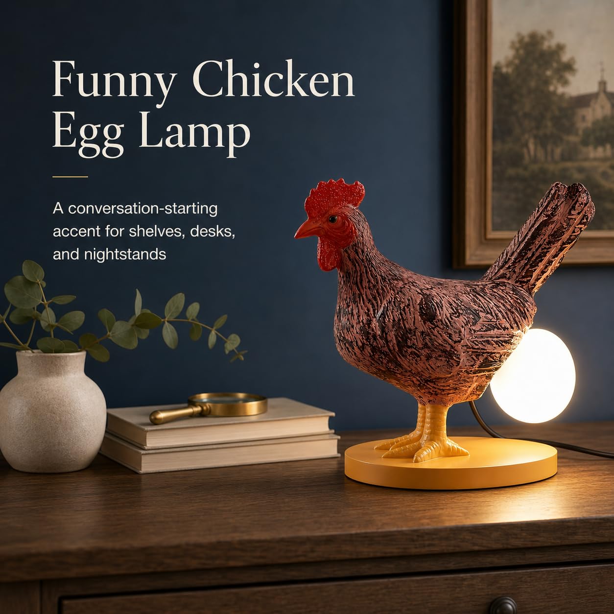 Funny Chicken Night Light Lamp - Small Standard E12 Rooster Laying Egg Light, Farmhouse Table Decor, Unique Birthday Gifts for Chicken Lovers, Quirky
