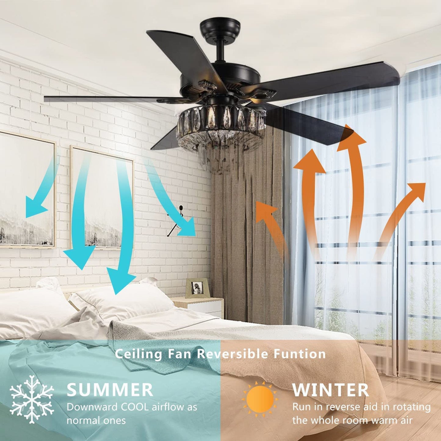ONELLH 52'' Ceiling Fans with Lights with 3-Speed Indoor Chandelier Ceiling Fans with Crystal Lampshade, Matt Black Reversible Fandelier Fan
