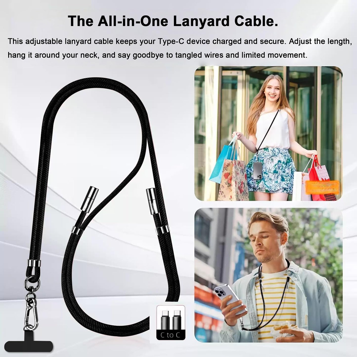 AntoFlash 2-in-1 Phone Lanyard USB-C Charging Cable, 60W Fast Charge Braided Crossbody Phone Strap, Adjustable Anti-Lost USB-C to USB-C Cable