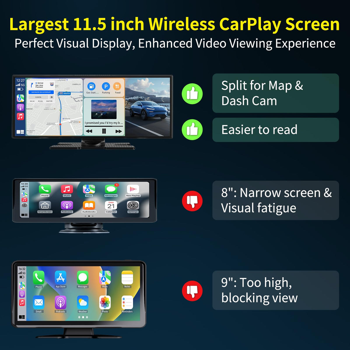 2026 Largest 11.5 inch Portable CarPlay Screen for Car with 4K Dash Cam