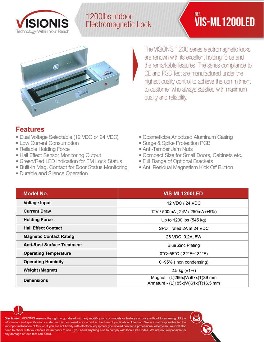 Visionis FPC-7322 VIS-ML1200LED Indoor Electromagnetic Lock 1200lbs for Out Swinging Door with VIS-7000 Green LED Push to Exit Button NC, COM, NO