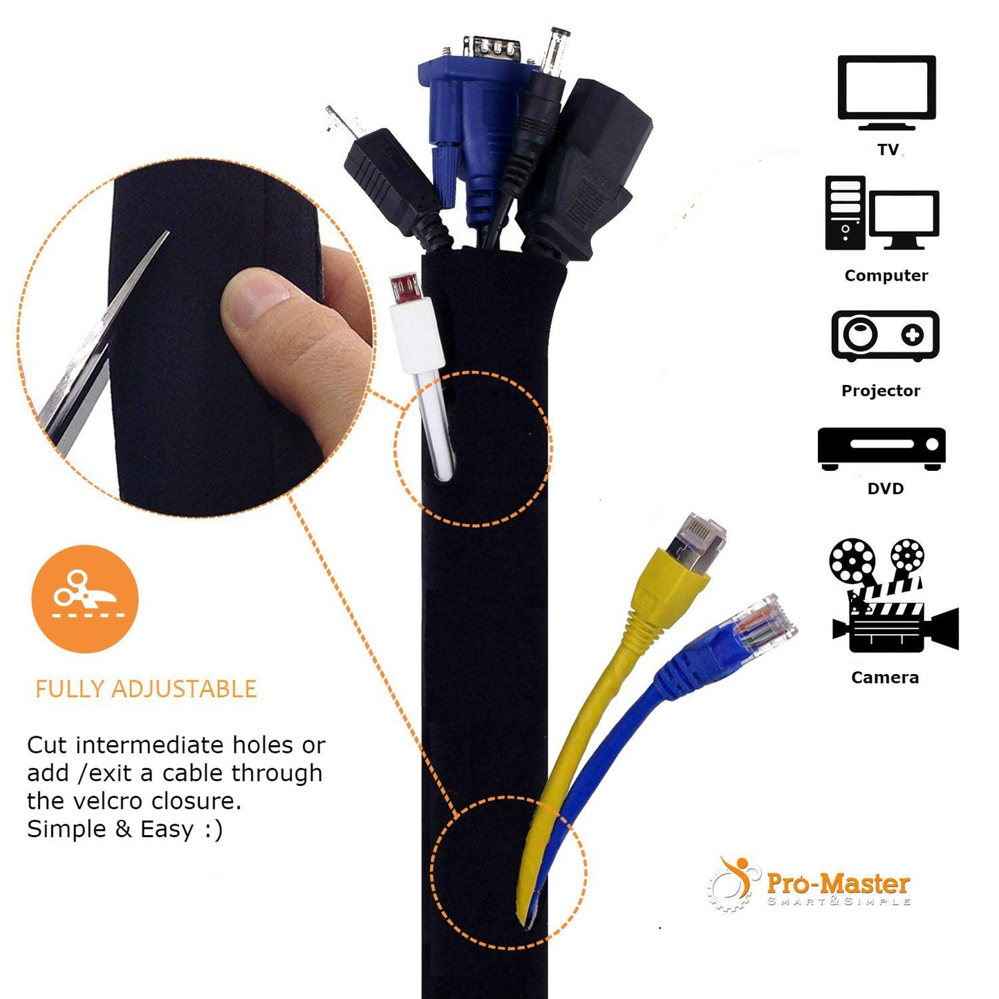 Premium 120" Cable Management Sleeve, Best Cords Organizer for TV On Wall, Computer, Office, DIY Adjustable Reversible Black and White Neoprene Cord