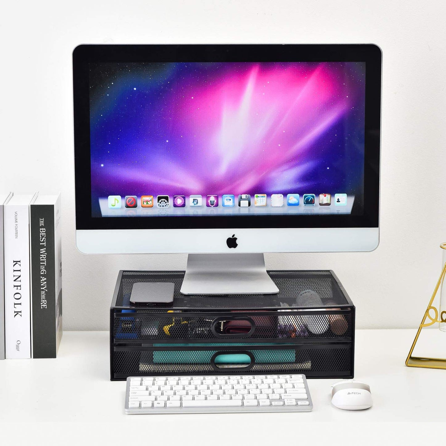 Monitor Stand Riser with Drawer - Metal Mesh Desk Organizer with Dual Pull Out Storage Drawer, Printer Holder with Pull Out Storage Drawe