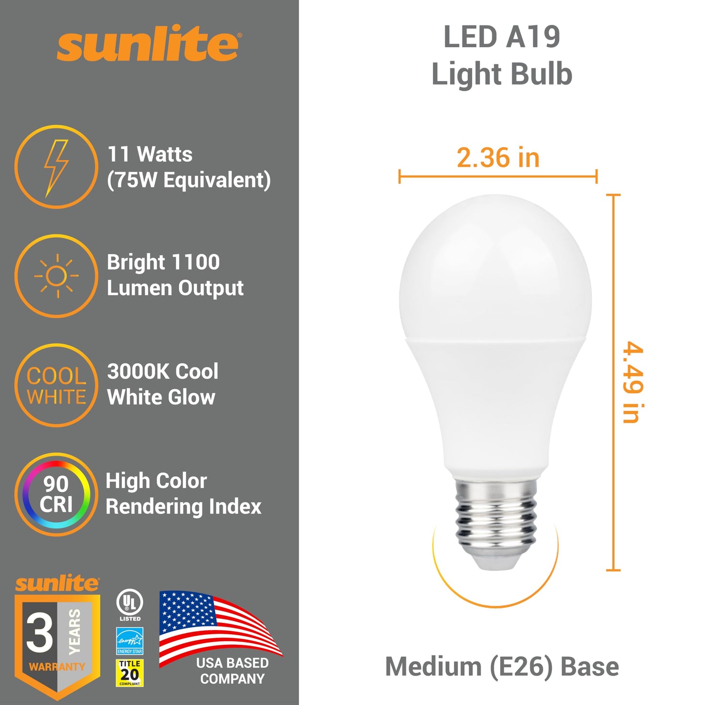Sunlite LED A19 Light Bulb, 11 Watts (75W Equivalent), 1100 Lmns, 120V, Dimmable, Medium E26 Base, 90 CRI, 230 Degree Beam Angle, UL Listed, Title-20