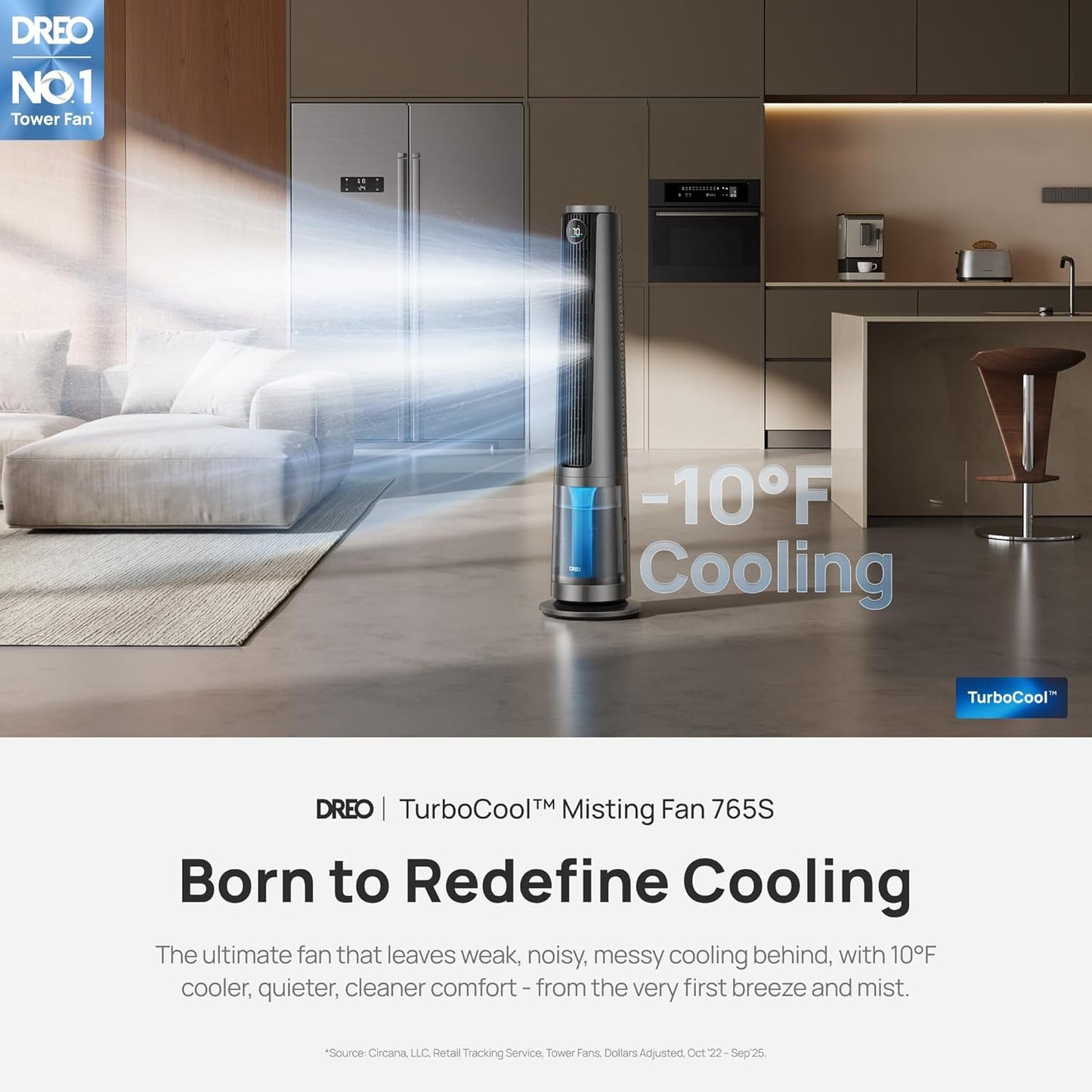 DREO TurboCool Misting Fan 765S, 10°F Cooling, 34ft/s Fast Standing Fan, Tower Fans that Blow Cold Air, 20 dB Quiet DC Motor, 6L Tank, 90° Smart