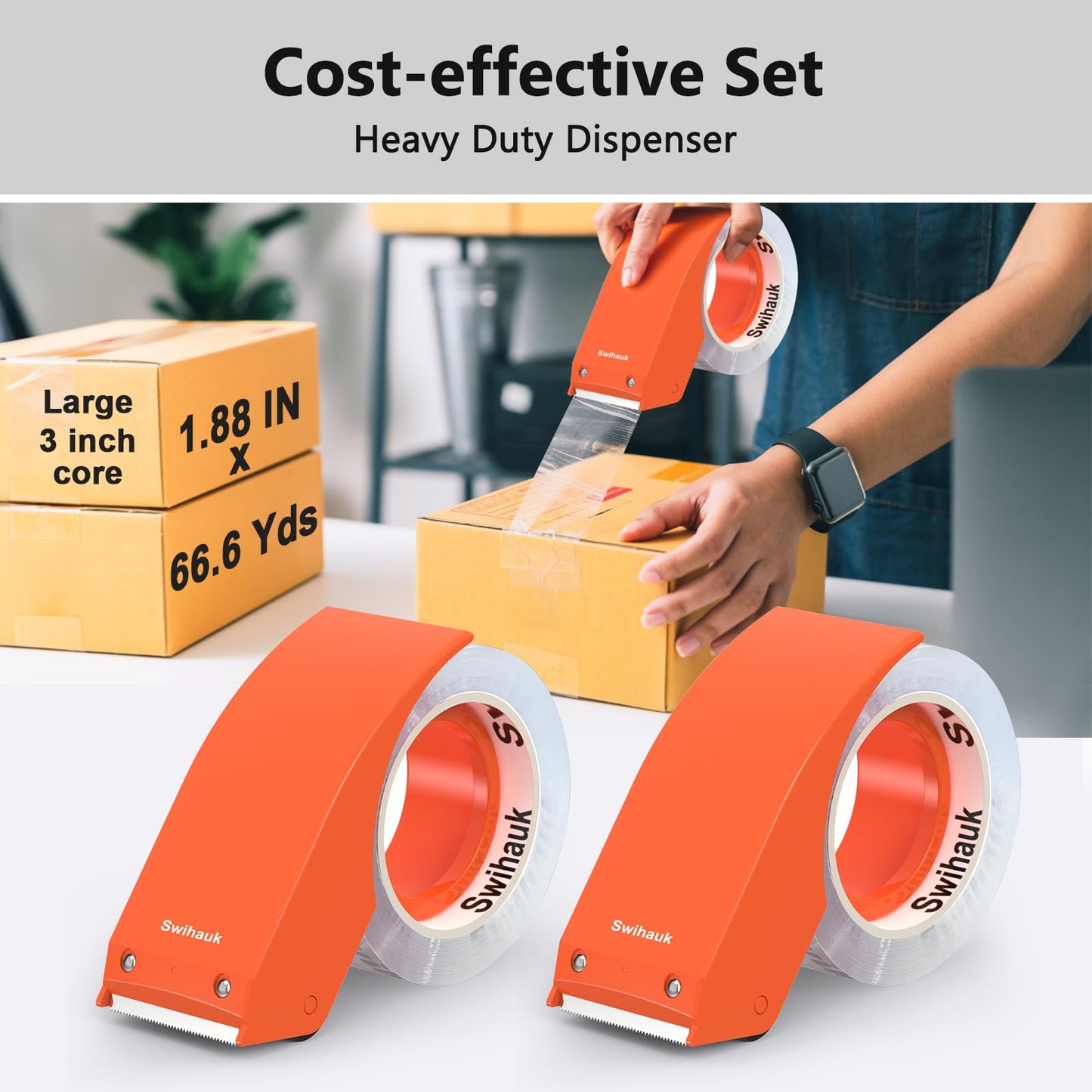 Swihauk 1.88 in x 66.6 YDs Heavy Duty Packing Tape with Dispenser, Strong & Durable Shipping Tape, Packaging Tape, Clear Package Tape for Shipping