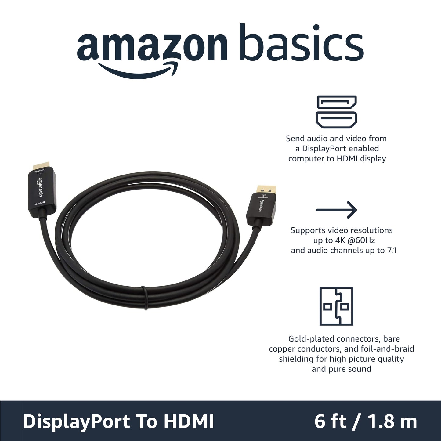 Amazon Basics DisplayPort to HDMI Adapter Cable for Monitors, Projector 1080p, 1920x1200, 4K@60Hz, 6 ft, Gold-Plated Plug, Black
