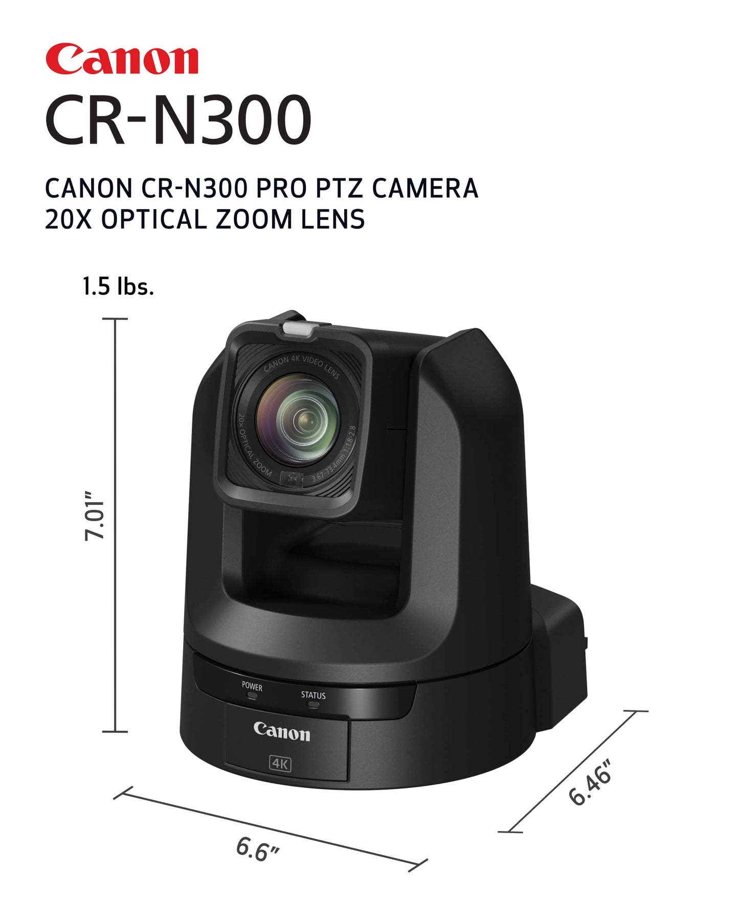 Canon CR-N300 Pro PTZ Camera BK 20x Optical Zoom Lens, 1 2/3” 4k 30P Hybrid AF Sensor, 3G-SDI, HDMI, IP, USB Video Out, NDI|HX2, SRT-Church, Live