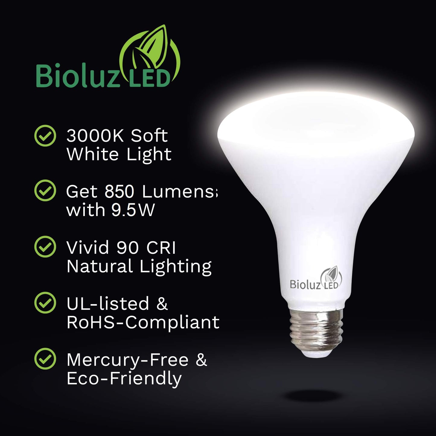 Bioluz LED 4 Pack BR30 LED Bulbs Indoor Flood Lights 90+ CRI 75W Equivalent uses 9.5W 3000K Soft White 850 Lumens E26 Base Dimmable Instant On